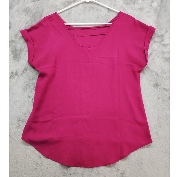 Pink Rose Scoop Neck Lattice Cutout Back Cuffed Sleeve Blouse Size M Pink Office - Picture 2 of 8